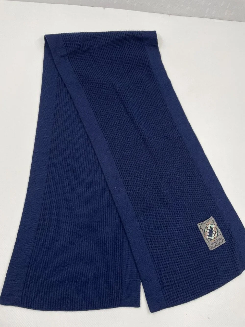 Christian Dior Vintage Lily-Of-The-Valley Patch Blue Wool Ribbed Wool Scarf OS